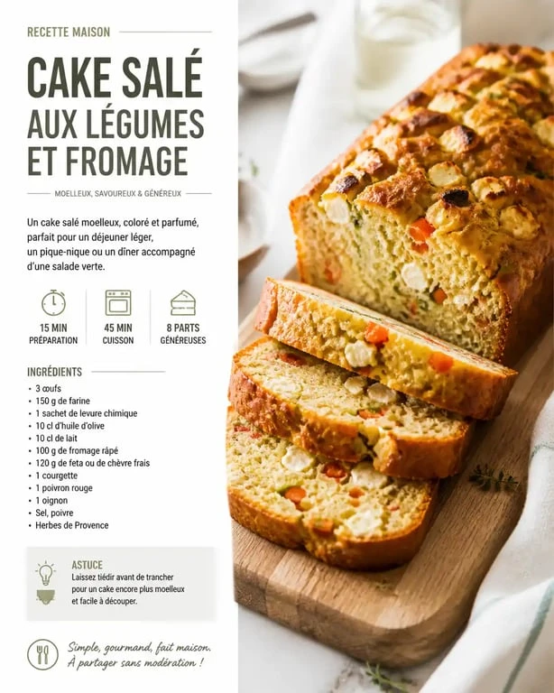Cake salé moelleux aux légumes, une recette salée facile et gourmande pour l'apéritif.