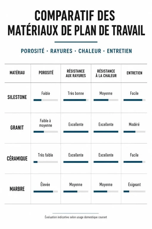 Tableau comparatif des matériaux pour plan de travail Silestone, granit, céramique et marbre