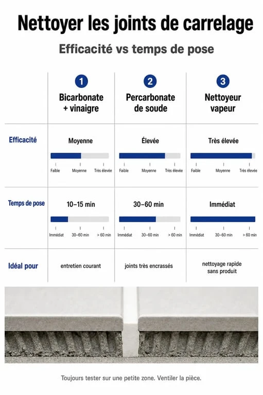 Infographie comparative des méthodes pour nettoyer les joints de carrelage au sol sans frotter