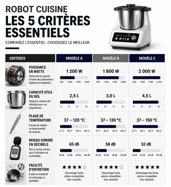 Infographie comparative des critères techniques pour choisir le meilleur robot cuisine