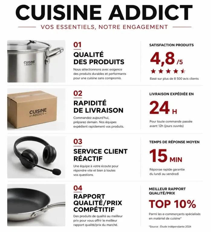Infographie récapitulative des avis et points forts du site Cuisine Addict
