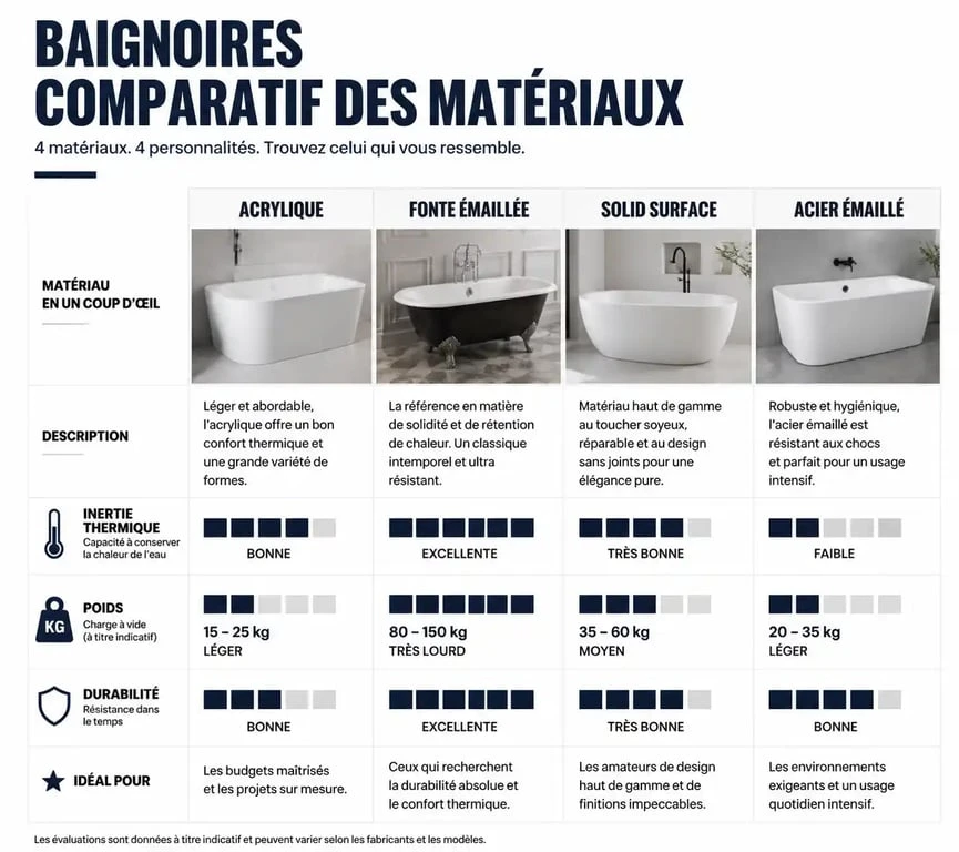 Comparatif des matériaux pour baignoire de salle de bain : avantages et points de vigilance