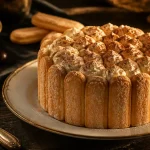 gâteau aux boudoirs sur plat blanc ambiance chaleureuse
