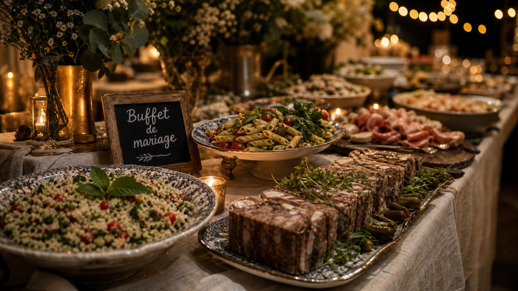 Idée repas mariage simple pas cher : buffet froid de mariage, salades et terrines