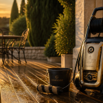 karcher pour nettoyer une terrasse en bois et pierre au coucher du soleil