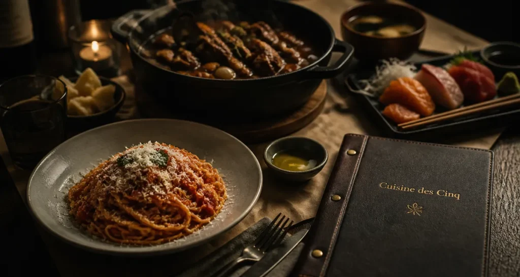 Les 5 grandes cuisines du monde : spaghetti al pomodoro, bœuf bourguignon, sashimi, miso, huile d’olive