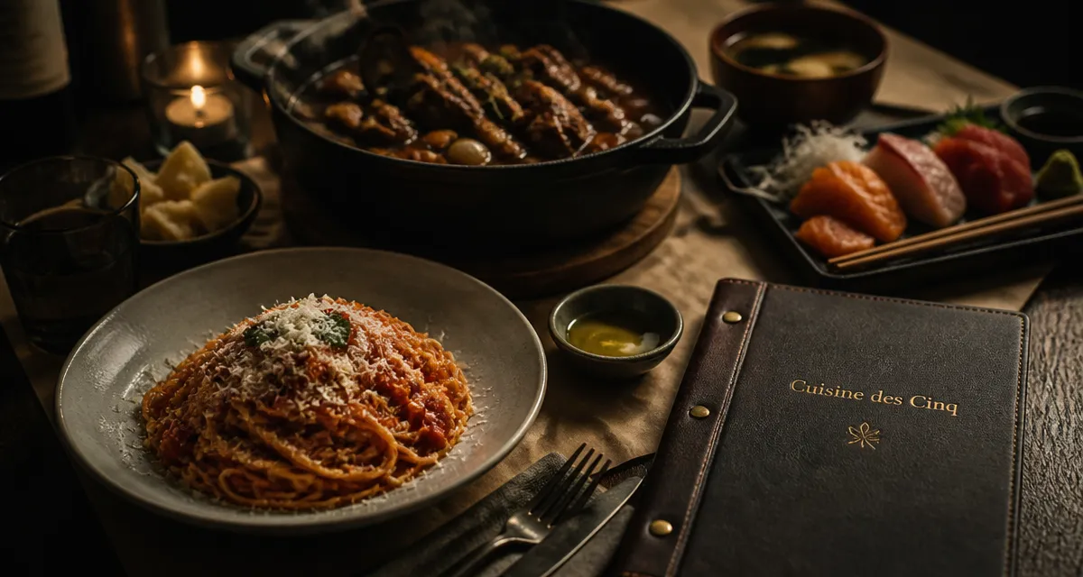 Les 5 grandes cuisines du monde : spaghetti al pomodoro, bœuf bourguignon, sashimi, miso, huile d’olive