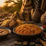 met africain sur table avec riz Jollof et sauces