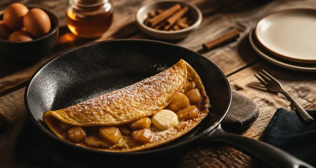 Omelette sucrée moelleuse aux pommes caramélisées, beurre et sucre glace