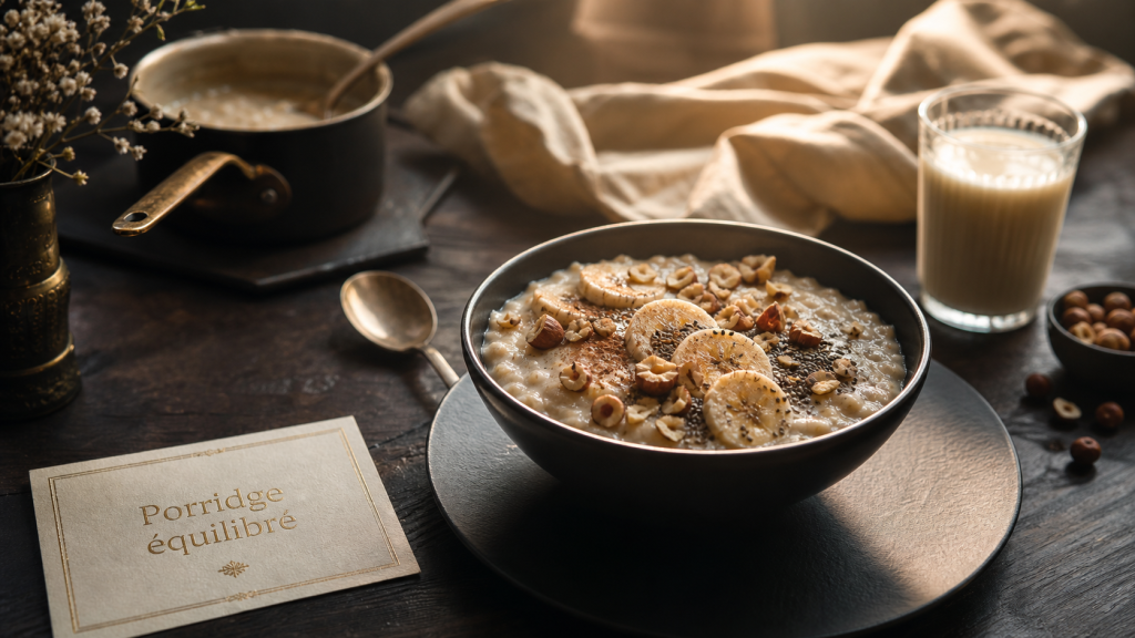 Petit dej équilibré recette : porridge banane et chia en bol