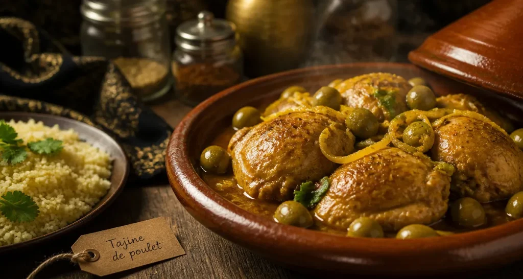Plat a base de poulet : tajine fondant au citron confit et olives