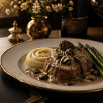 Recette filet mignon de veau gastronomique, sauce morilles, légumes et vin rouge
