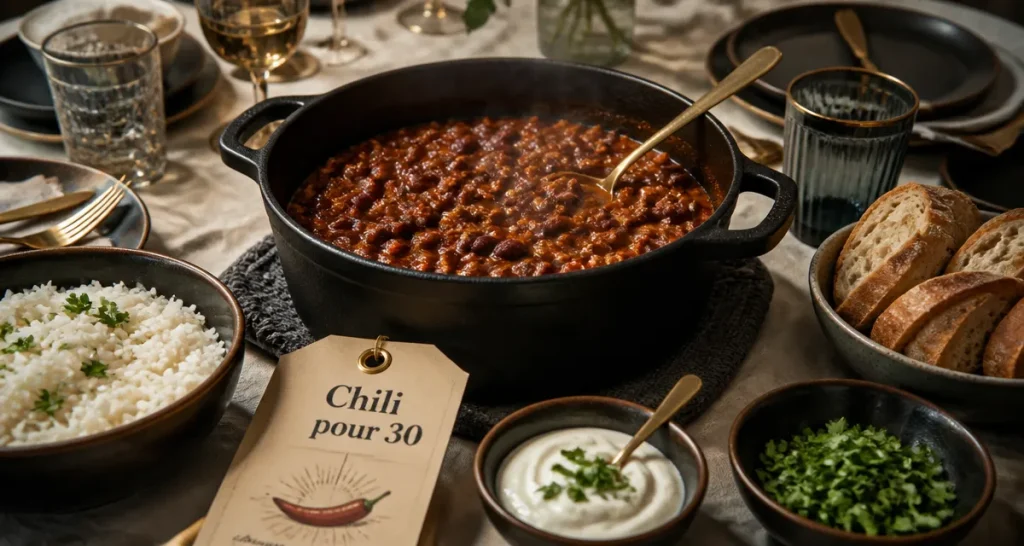 Repas pour 30 personnes : chili en cocotte fumante sur table, accompagnements