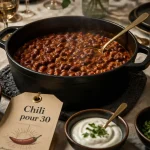 Repas pour 30 personnes : chili en cocotte fumante sur table, accompagnements