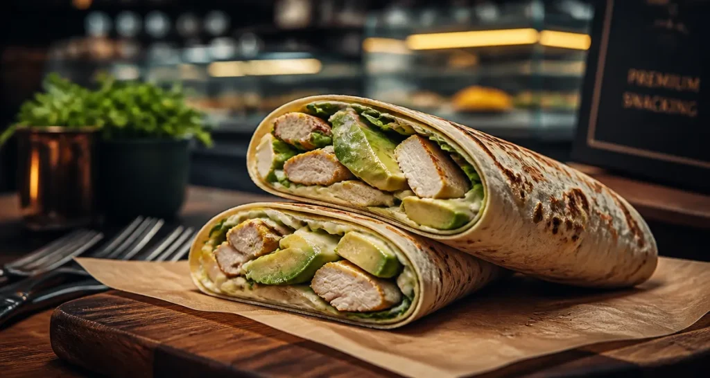 Snacking premium : wraps poulet-avocat, planche bois, vue rapprochée