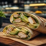 Snacking premium : wraps poulet-avocat, planche bois, vue rapprochée