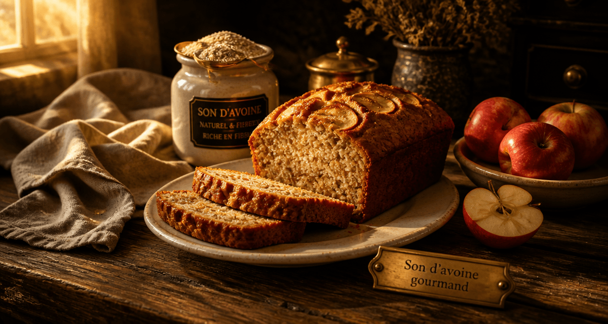 Cake aux pommes et son d'avoine recette sur table rustique