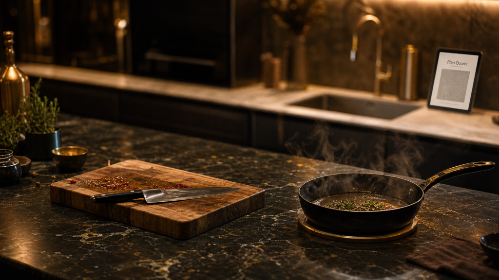 Tableau comparatif plan de travail cuisine : granit sombre, anti-rayures et anti-taches