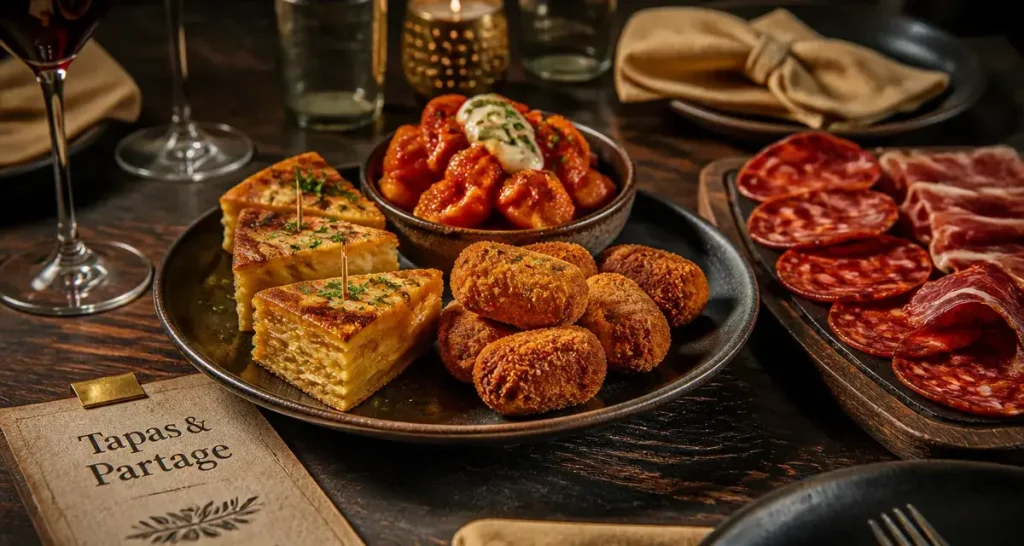 Tapas espagnols sur assiette : tortilla, bravas et croquetas, apéro