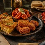 Tapas espagnols sur assiette : tortilla, bravas et croquetas, apéro