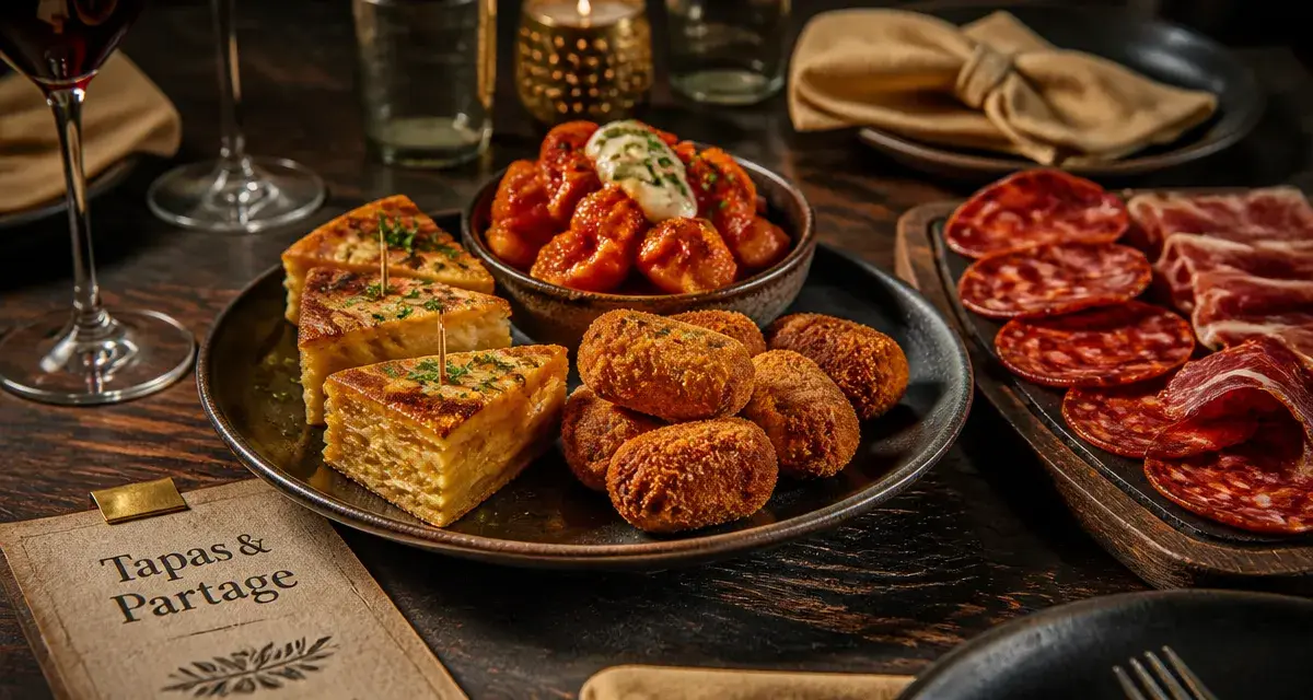 Tapas espagnols sur assiette : tortilla, bravas et croquetas, apéro