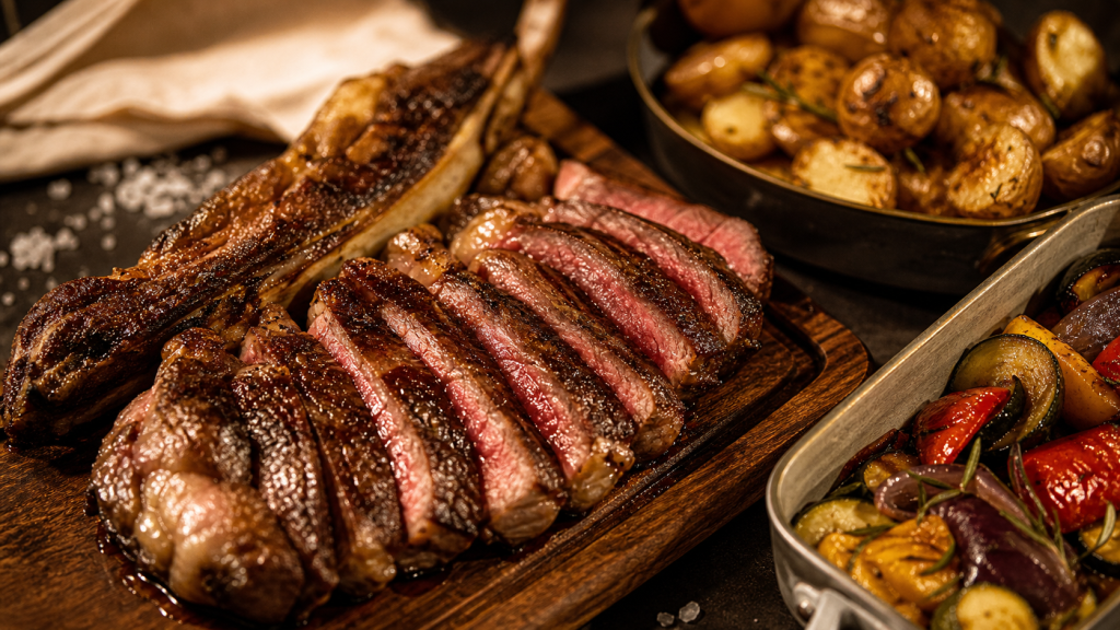 Accompagnement cote de boeuf : pommes de terre grenaille et légumes rôtis