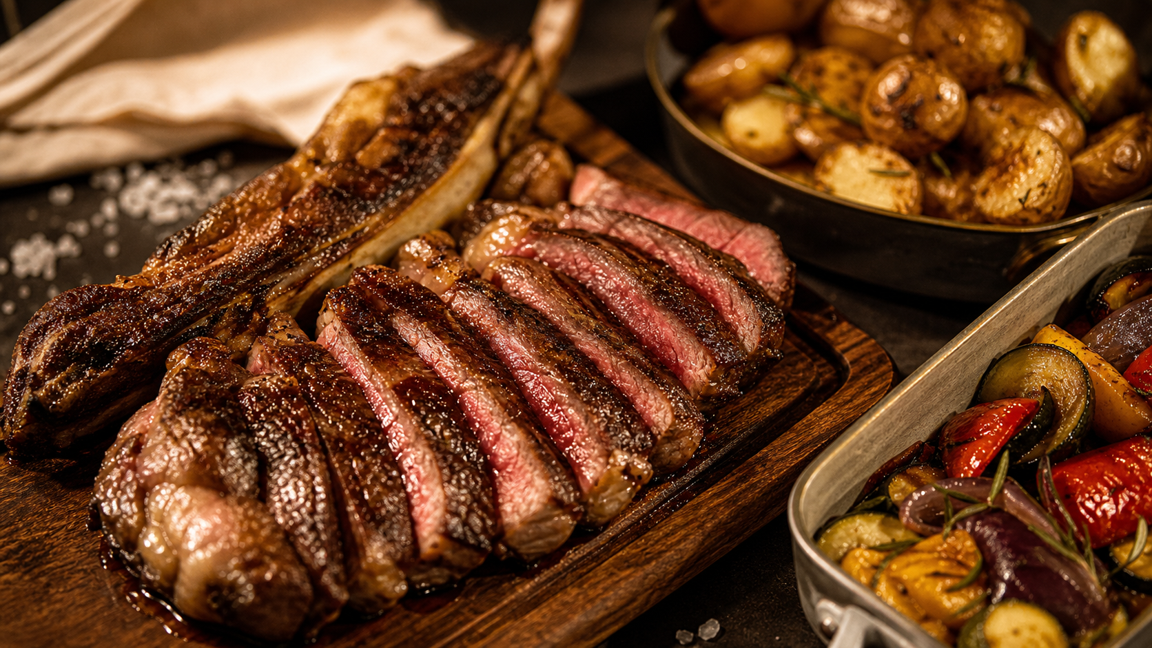 Accompagnement cote de boeuf : pommes de terre grenaille et légumes rôtis