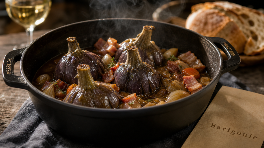 Artichaut barigoule traditionnel, cocotte en fonte, sauce brune