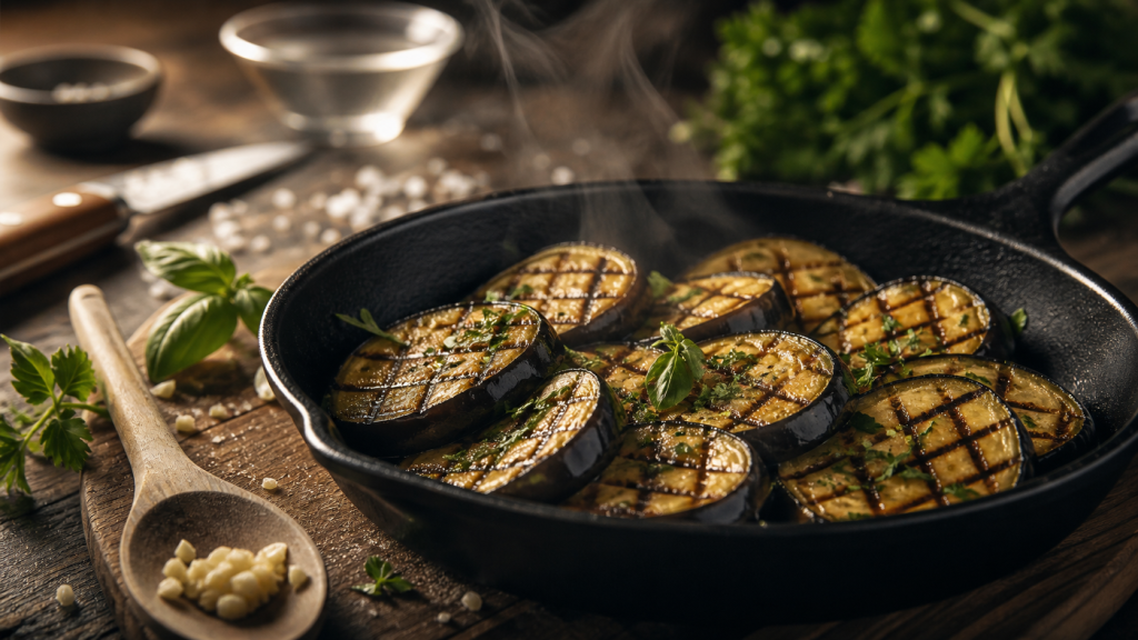 Aubergine fondante à la poêle : tranches dorées au quadrillage