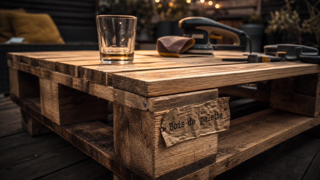 Table basse en bois de palette meuble poncée sur terrasse