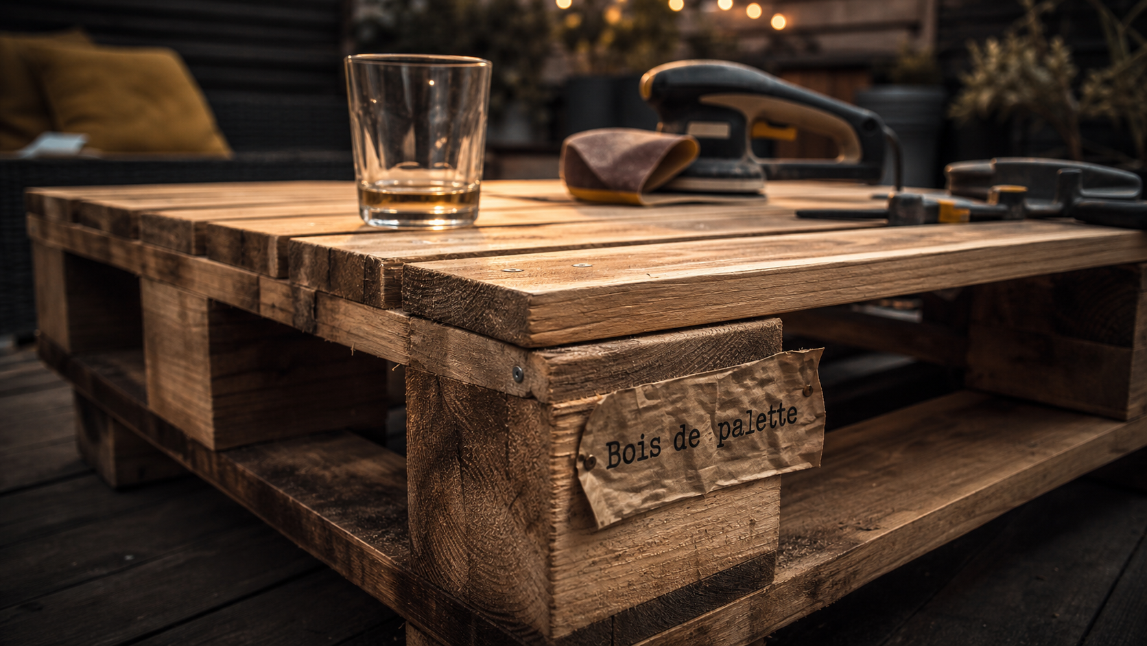 Table basse en bois de palette meuble poncée sur terrasse