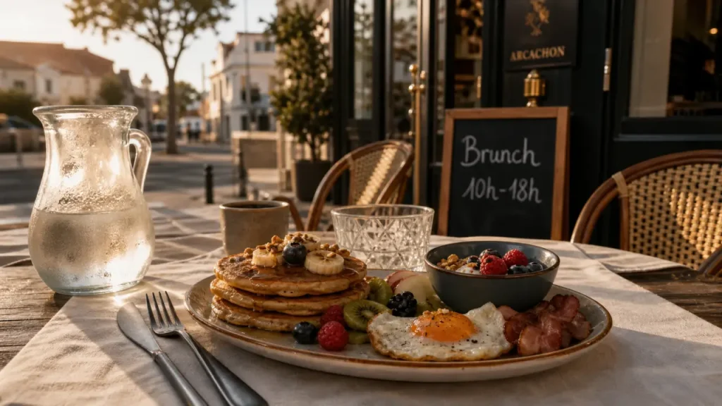 Brunch bassin arcachon sur une terrasse, vue golden hour