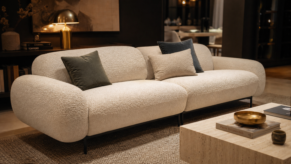 Canapé tendance 2024 arrondi bouclé modulable au salon