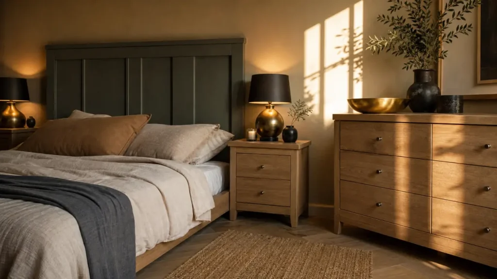 Chambre vert sauge et bois, lit en bois clair et lumière dorée