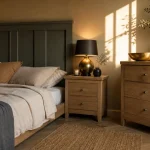 Chambre vert sauge et bois, lit en bois clair et lumière dorée