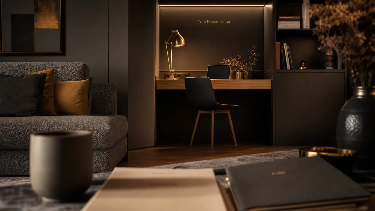 Coin bureau salon : bureau bois clair et lampe laiton dans le salon
