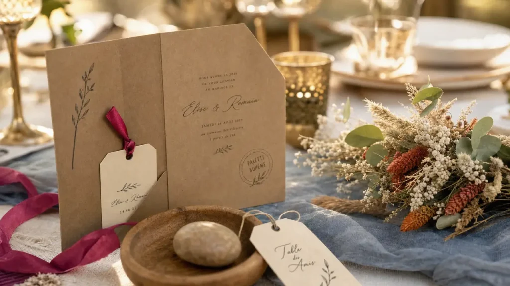 Couleur boheme : table de mariage bohème chic kraft, or vieilli et fleurs séchées
