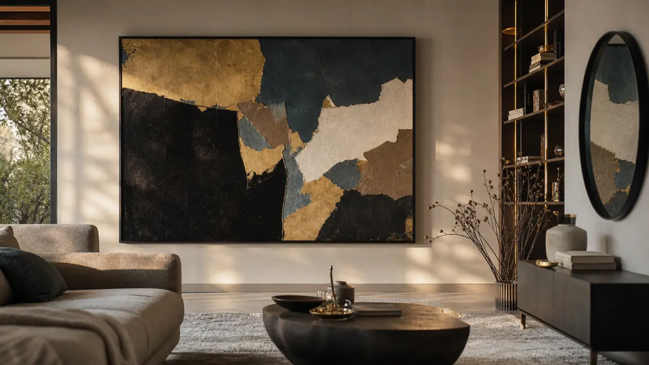 Décorer un grand mur salon avec tableau XXL, cadres et rangements muraux