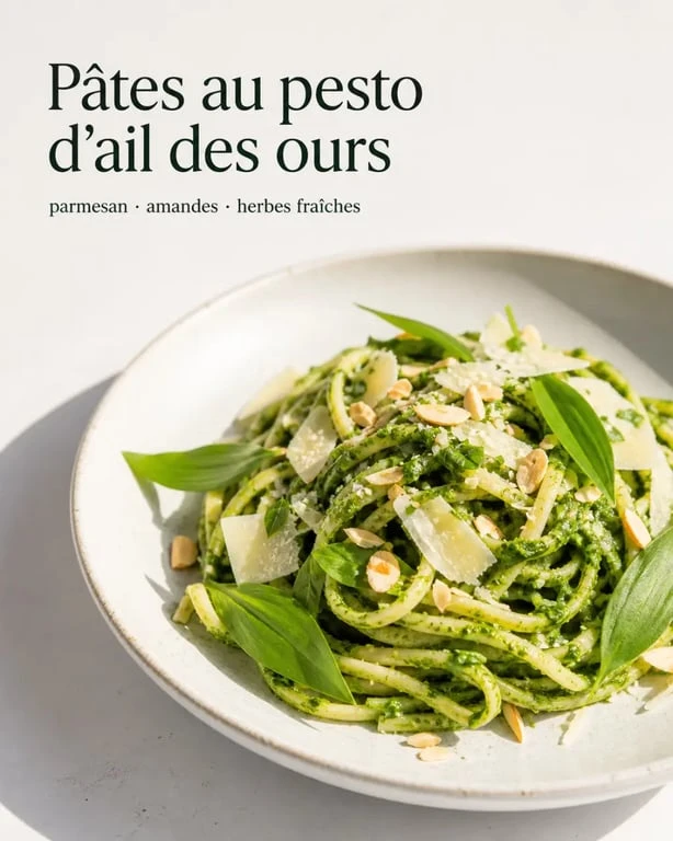 Ail des ours en cuisine : pâtes au pesto d’ail des ours servies avec parmesan et feuilles fraîches
