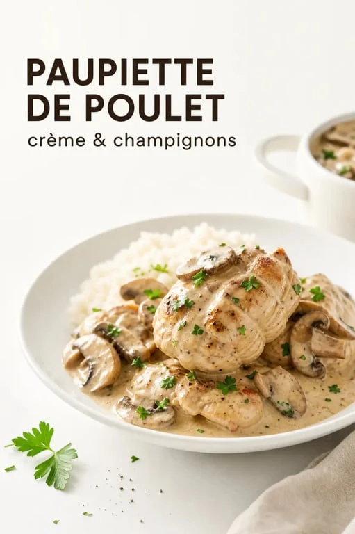 Recette paupiette de poulet à la crème et aux champignons servie bien chaude dans une assiette gourmande