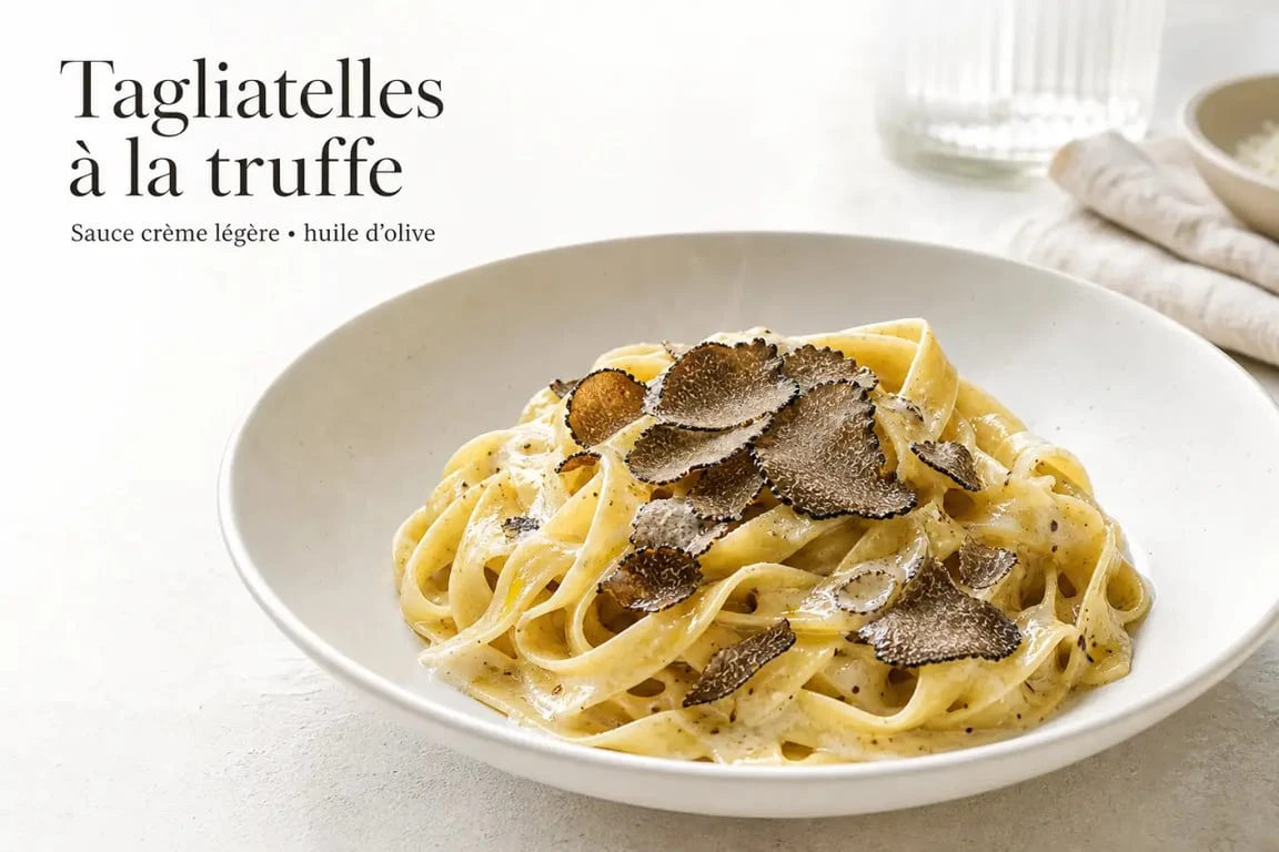 Recette pâte a la truffe servie en assiette raffinée avec sauce crémeuse et lamelles de truffe