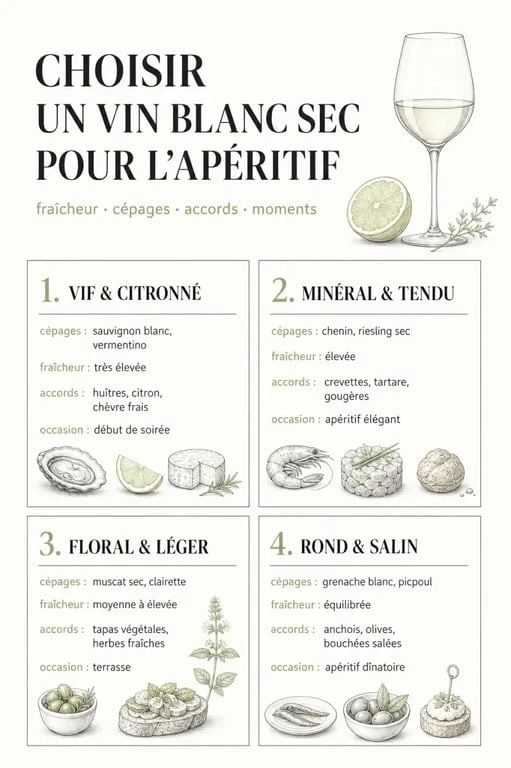 Vin blanc sec apéro : tableau éditorial des styles, cépages et accords pour choisir le bon vin
