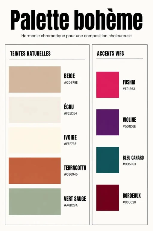 Palette de couleurs bohème chic : teintes naturelles et accents vifs pour décoration et mariage