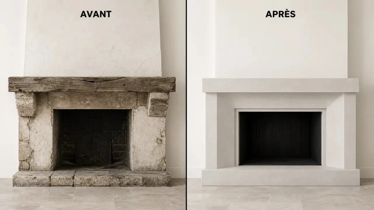 Habillage ancienne cheminée : avant/après d’une cheminée rustique transformée en cheminée contemporaine