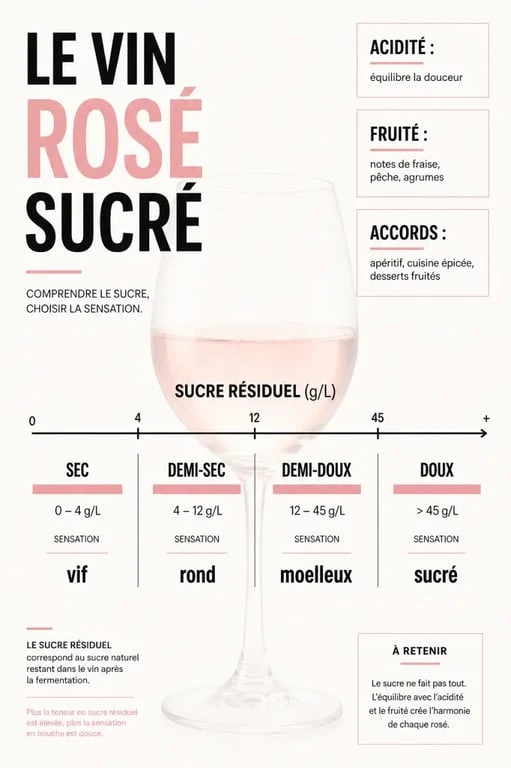 Comparaison du vin rosé sucré selon les niveaux sec, demi-sec, demi-doux et doux