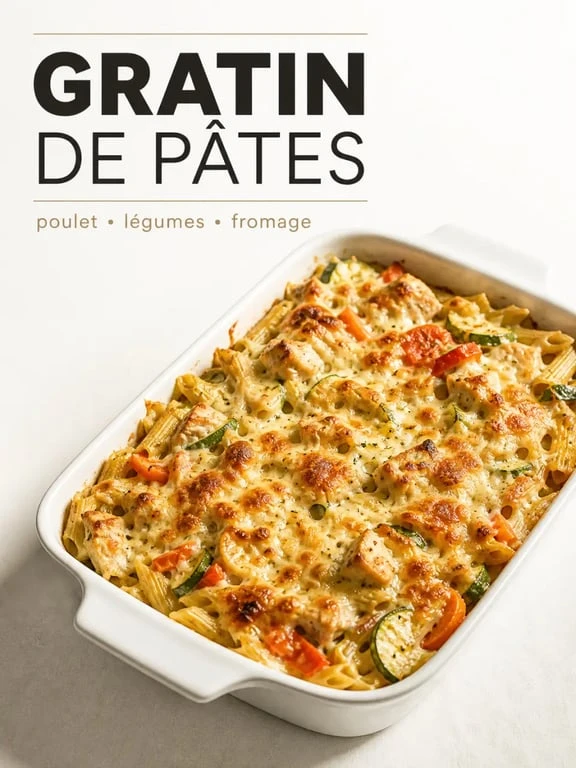 Plat unique pour 12 personnes : grand gratin de pâtes au poulet et légumes, doré au four