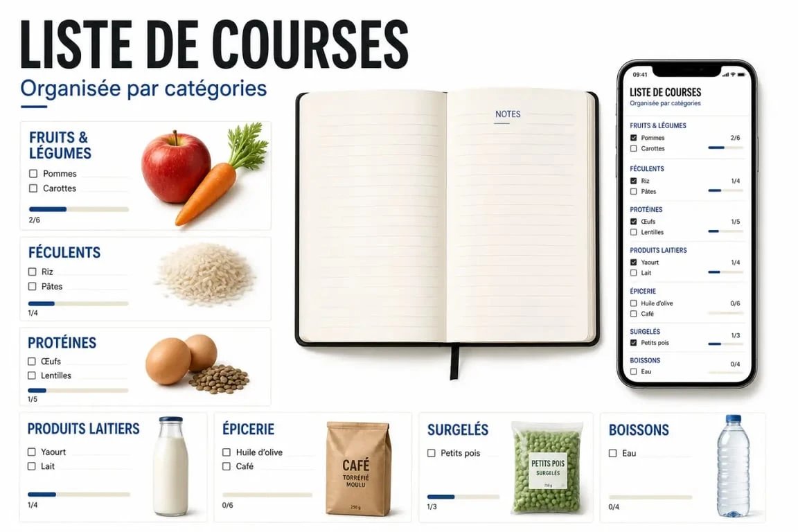 Liste courses alimentaires organisée par catégories sur carnet et téléphone
