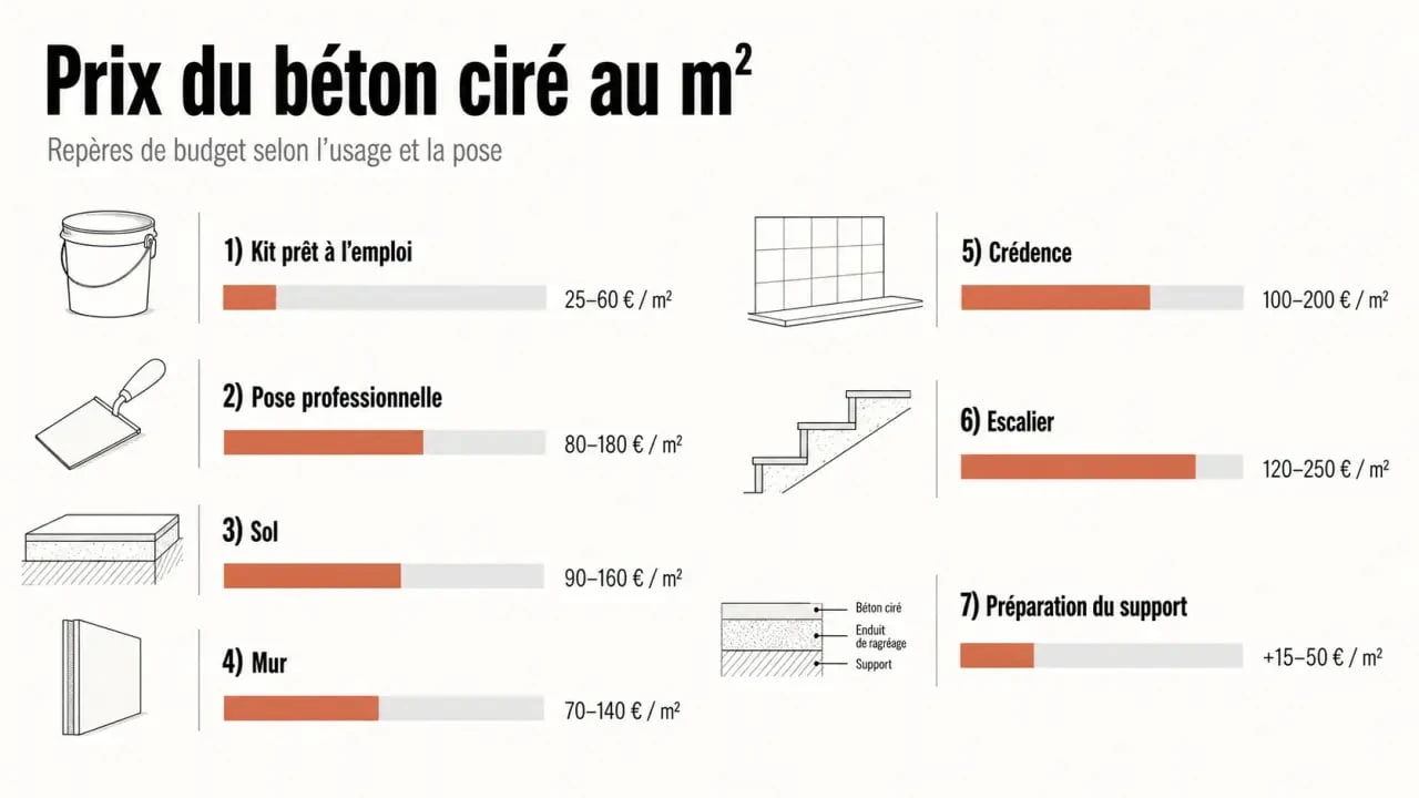 Prix du béton ciré au m2 : comparatif visuel des tarifs kit, pose professionnelle, sol, mur et escalier