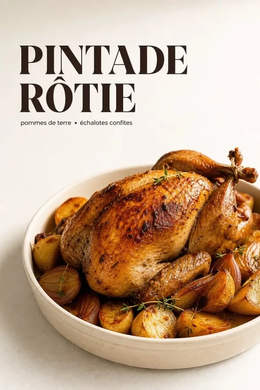 Recette de pintade rôtie au four, dorée et servie avec pommes de terre