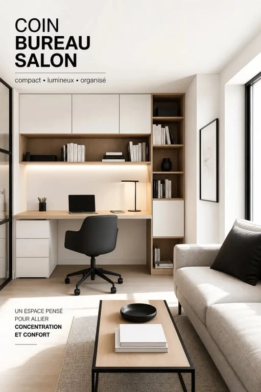 Coin bureau salon intégré dans un salon élégant et discret